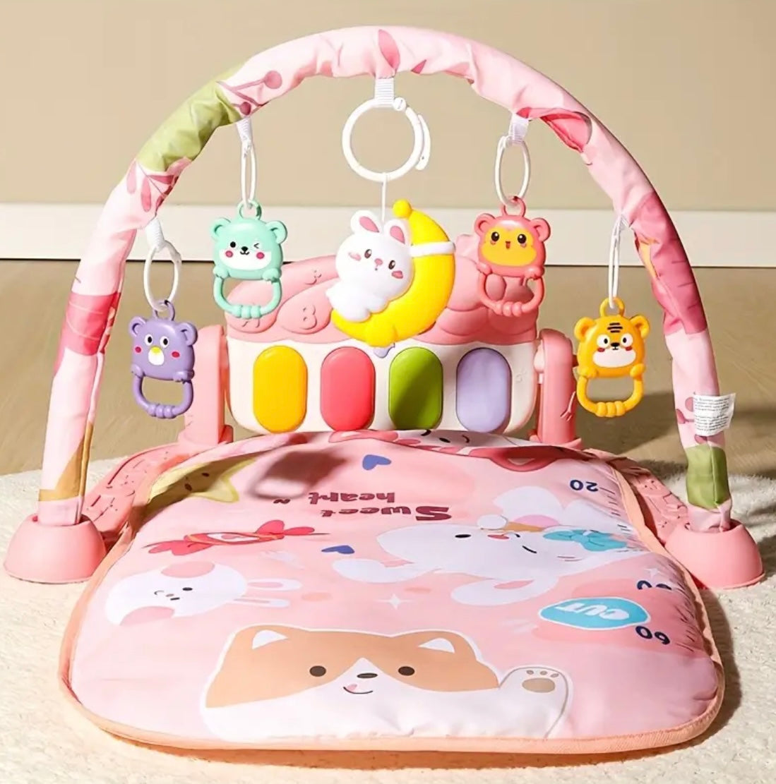 Newborn Infant Toy Baby Foot Pedal Piano Fitness Frame Pink Bunny Cartoon Pattern Doll Gift with Rabbit Night Light Suitable for Ages 0+
