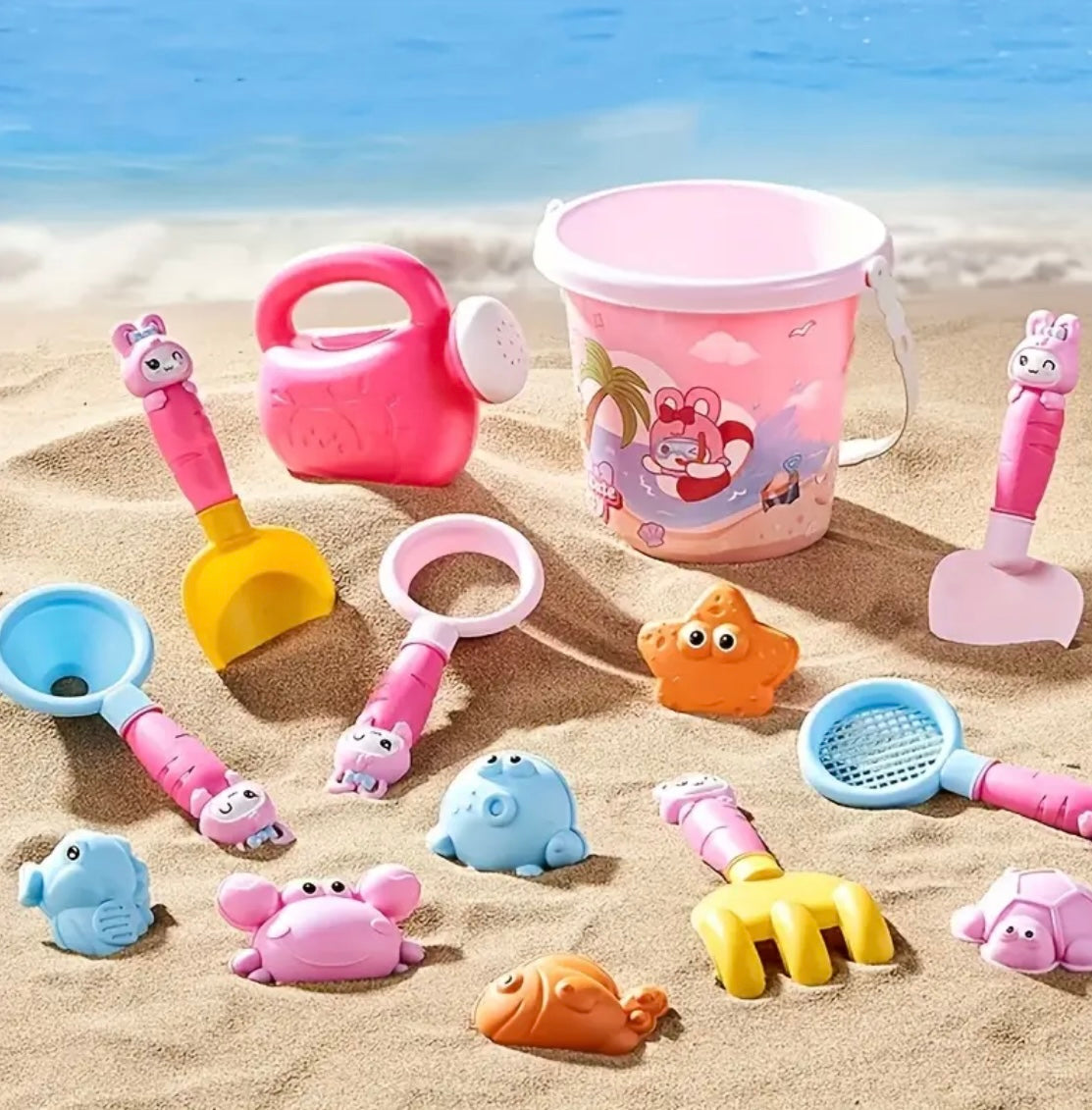 A Set Of 14/5 Pink Youngsters' Cartoon Rabbits, Beach Garbage Trucks, Portable Buckets, Home Water Play, Sand Digging Tools, Shovels Suitable for Summer Beach Gifts, Including Colorful Marine Life Toys