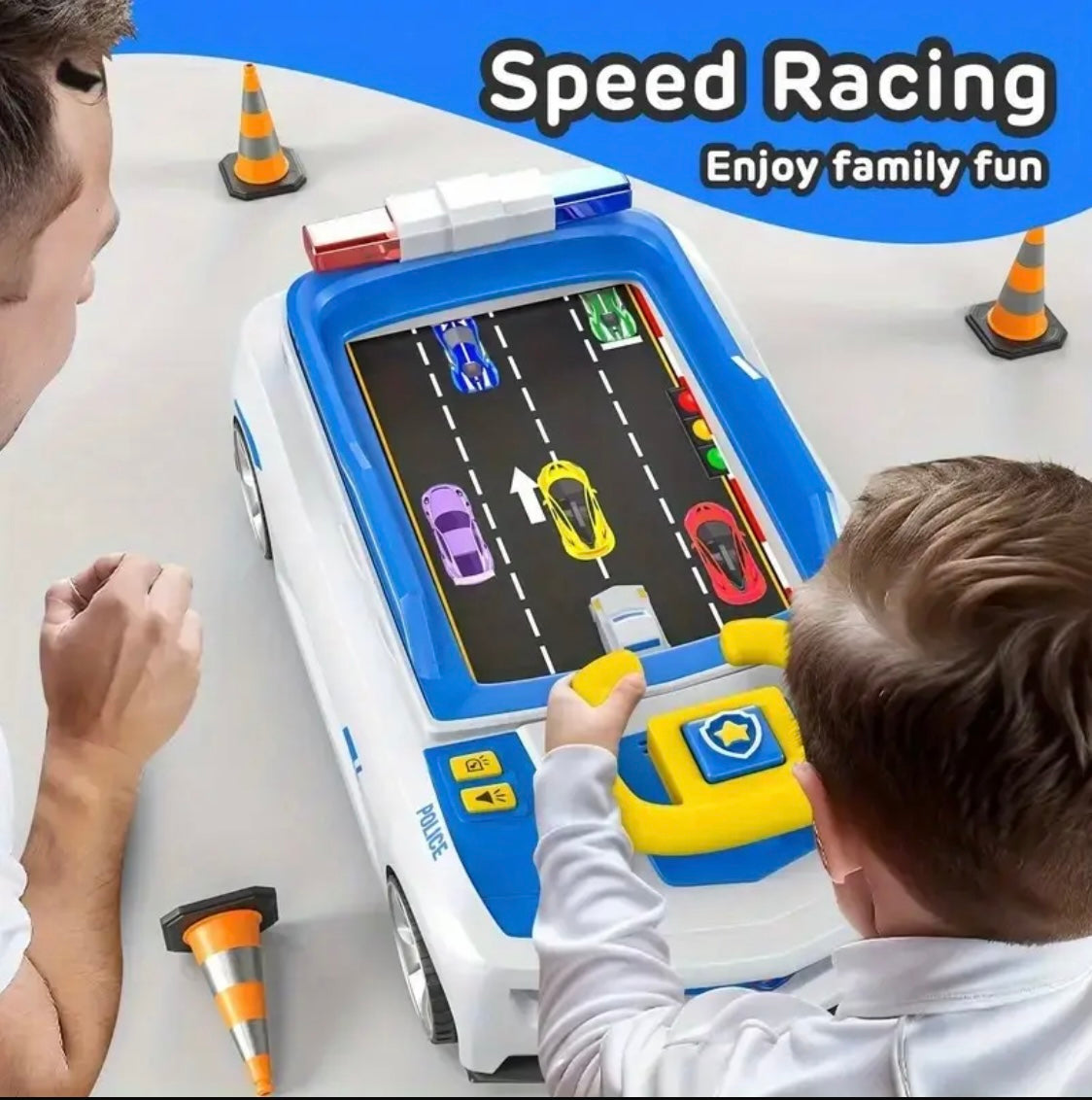 Interactive Kids' Racing Game - Educational Driving Simulator with Steering Wheel, White Plastic Car & Green Turntable Design, No Batteries Needed, Perfect for Parent-Child Bonding, Ideal Birthday & Christmas Gift, Car Toy, Playful Design, Durable Plastic