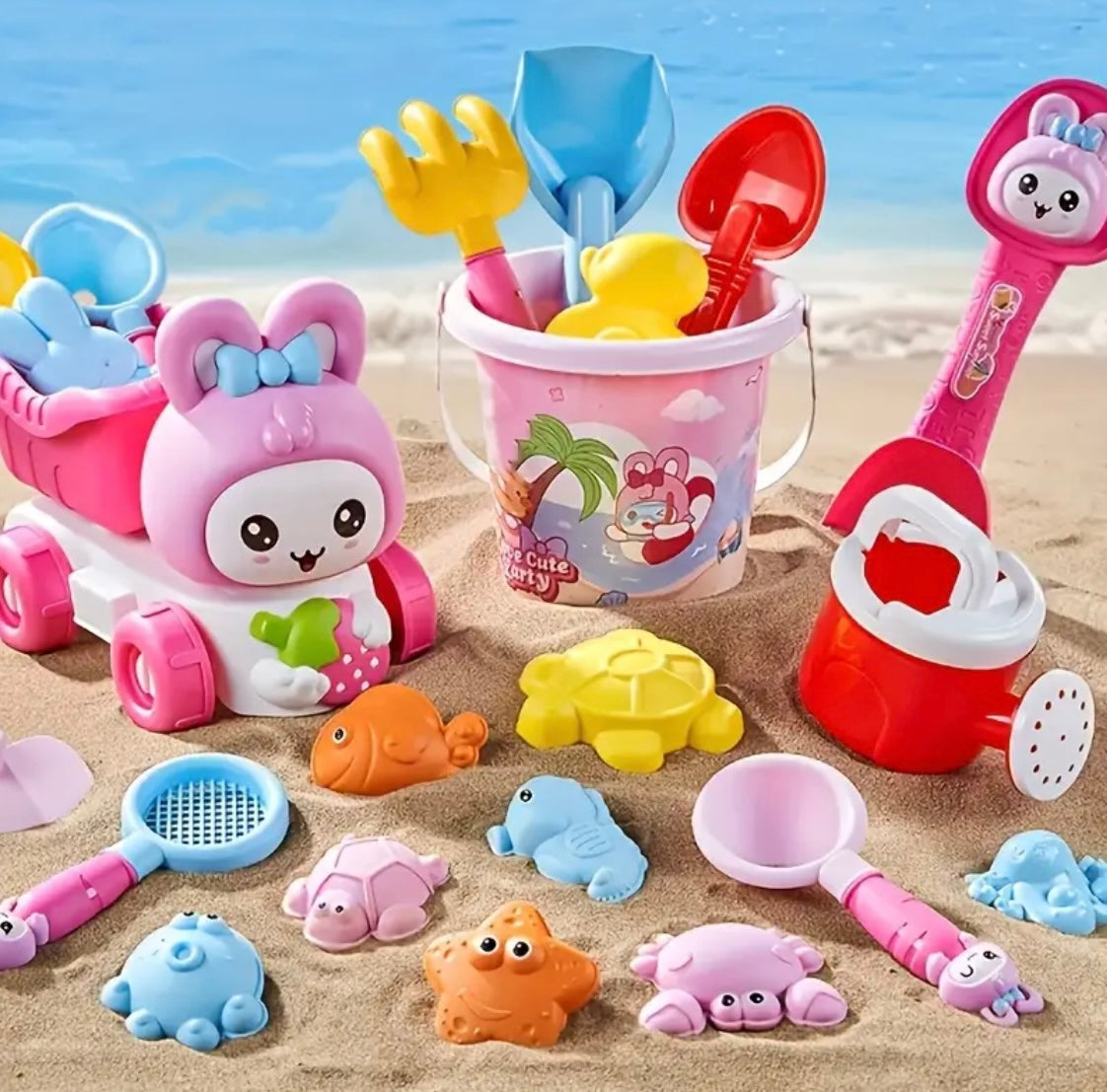 A Set Of 14/5 Pink Youngsters' Cartoon Rabbits, Beach Garbage Trucks, Portable Buckets, Home Water Play, Sand Digging Tools, Shovels Suitable for Summer Beach Gifts, Including Colorful Marine Life Toys