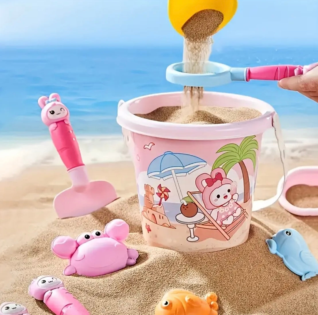 A Set Of 14/5 Pink Youngsters' Cartoon Rabbits, Beach Garbage Trucks, Portable Buckets, Home Water Play, Sand Digging Tools, Shovels Suitable for Summer Beach Gifts, Including Colorful Marine Life Toys