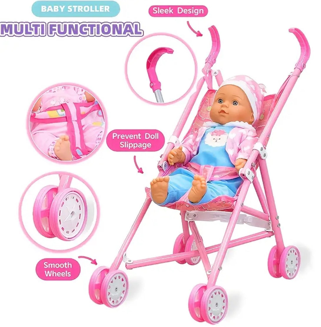 Doll Toy Set of 10, Including Stroller, Baby Doll High Chair with Armrests, Feeding and Care Kit, Diapers, Glasses, Pacifiers, Suitable for Parent-Youngsters Bonding, Party Games, Perfect Holiday Gift Without Doll