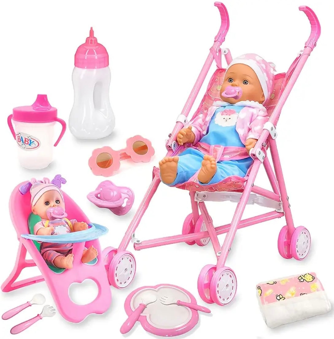 Doll Toy Set of 10, Including Stroller, Baby Doll High Chair with Armrests, Feeding and Care Kit, Diapers, Glasses, Pacifiers, Suitable for Parent-Youngsters Bonding, Party Games, Perfect Holiday Gift Without Doll