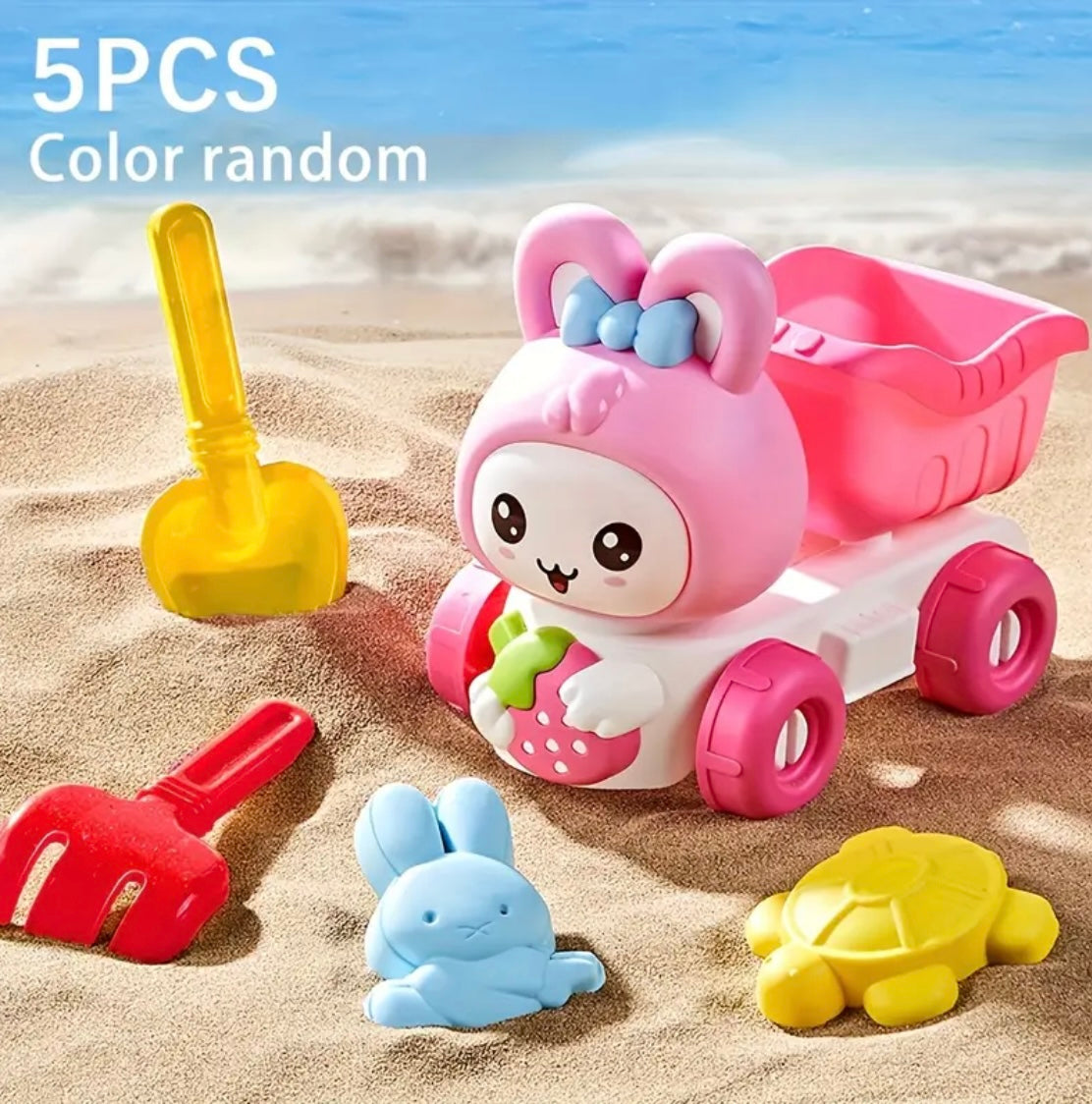A Set Of 14/5 Pink Youngsters' Cartoon Rabbits, Beach Garbage Trucks, Portable Buckets, Home Water Play, Sand Digging Tools, Shovels Suitable for Summer Beach Gifts, Including Colorful Marine Life Toys