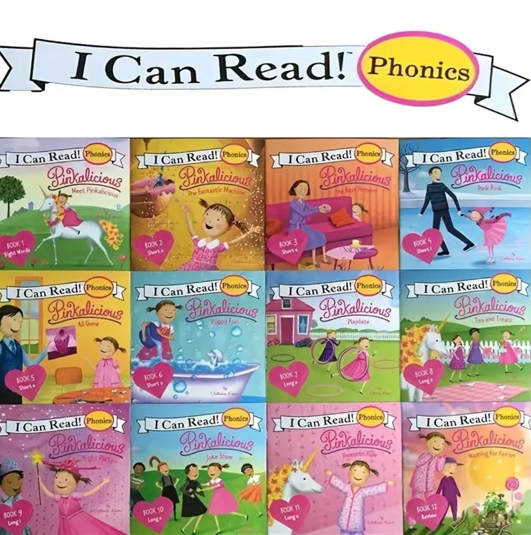 12 Books My First Phonics Storybook - Pink Series, Showcasing Short And Long Sounds, Suitable for Beginner English Picture Books, Perfect for Bedtime Reading Educational Pocket Books, Simple Visual Word Practice, English Illustrated Miniature Books, Easy