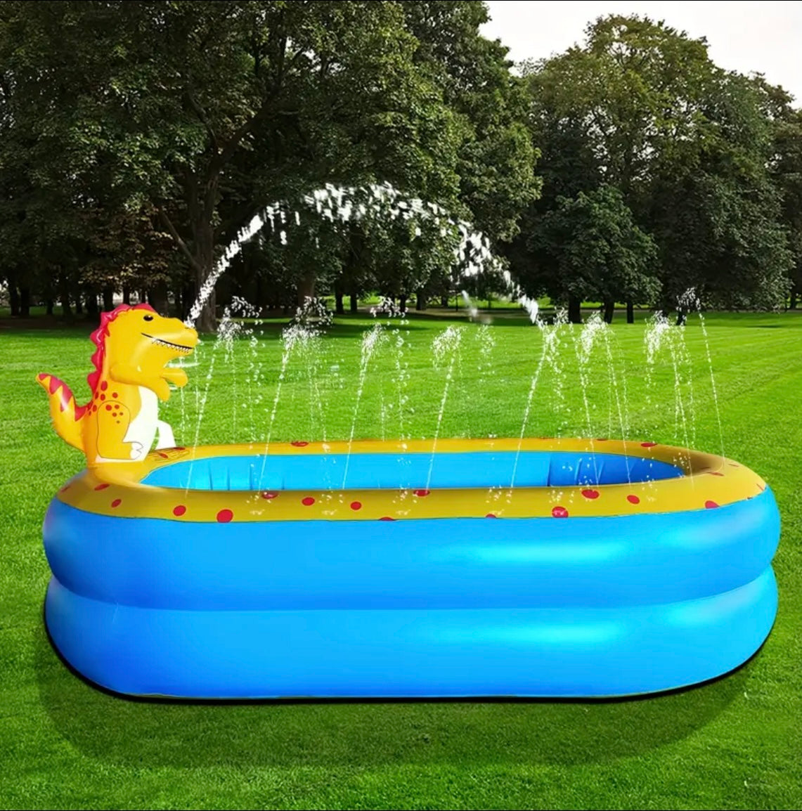Inflatable Dinosaur Water Splash Pool - Blue & Yellow with Red Dots, Fun Summer Cooling Pad, No Electricity Needed, Perfect for Backyard Parties & Vacation Fun, Inflatable Pool Float