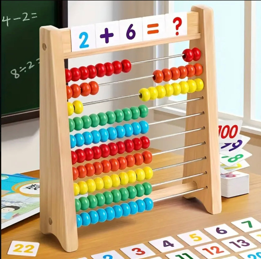 Wooden Calculation Rack with 120 Cards and Addition, Subtraction, Multiplication, Division Formula Table, Perfect for Elementary Mathematics Demonstration, Science Education Tool Suitable for Home School Use