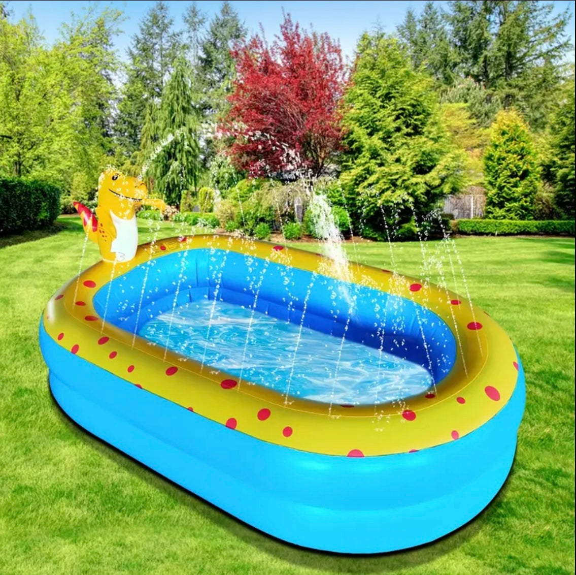 Inflatable Dinosaur Water Splash Pool - Blue & Yellow with Red Dots, Fun Summer Cooling Pad, No Electricity Needed, Perfect for Backyard Parties & Vacation Fun, Inflatable Pool Float