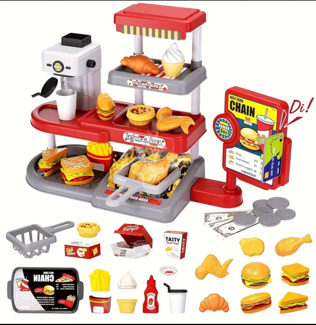 Children's Parent-Child Interactive Imitation Coffee Drink Ice Cream Burger Fries Set Boys and Girls Fast Food Shopping Supermarket Cash Register Barbecue Pizza Chicken Leg Mini Meal Play Kitchen Toys Birthday Gift Holiday Present Christmas Gift New Year