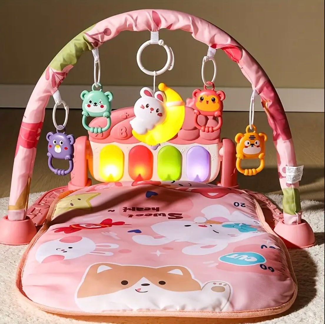 Newborn Infant Toy Baby Foot Pedal Piano Fitness Frame Pink Bunny Cartoon Pattern Doll Gift with Rabbit Night Light Suitable for Ages 0+