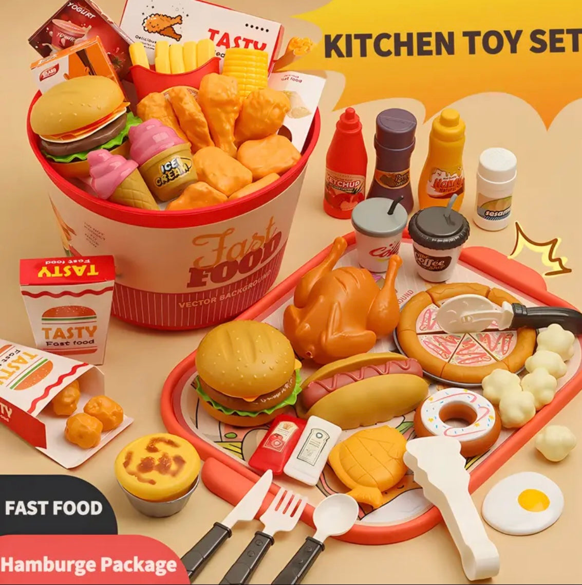 Pretend Play Food Toy for Kids Kitchen Aged 3 4 5, Fast Food Set with Pizza, Burger, Ice Cream, Hot Dog Toy Gift Christmas Gift for Boys Girls, Pretend Play Food, Play Food Set, Play Food for Kids, Play Food, Toy Food, Kitchen Toy, Fake Food, Kitchen Play