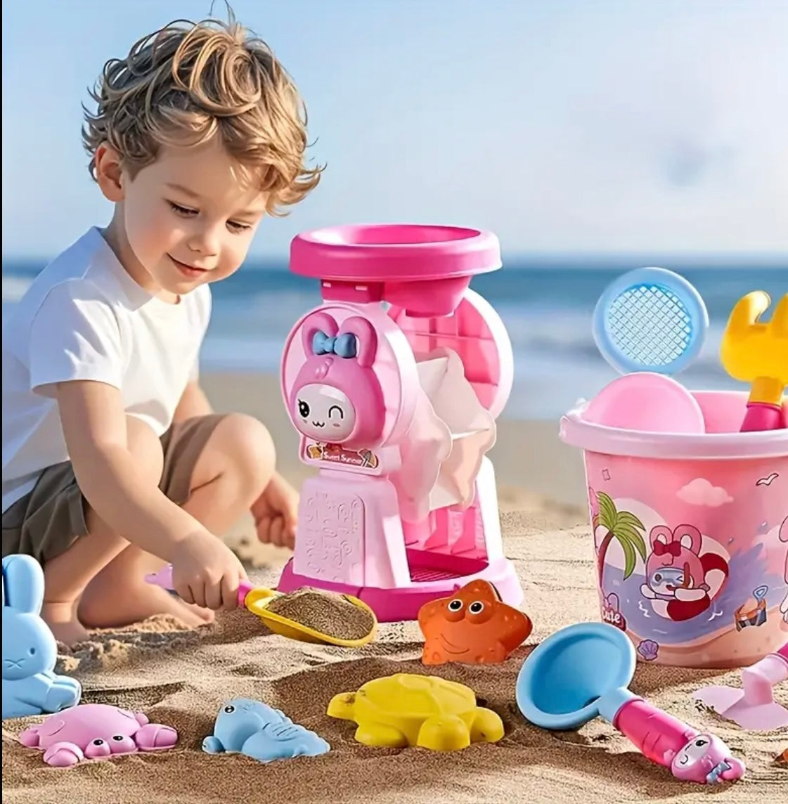 A Set Of 14/5 Pink Youngsters' Cartoon Rabbits, Beach Garbage Trucks, Portable Buckets, Home Water Play, Sand Digging Tools, Shovels Suitable for Summer Beach Gifts, Including Colorful Marine Life Toys