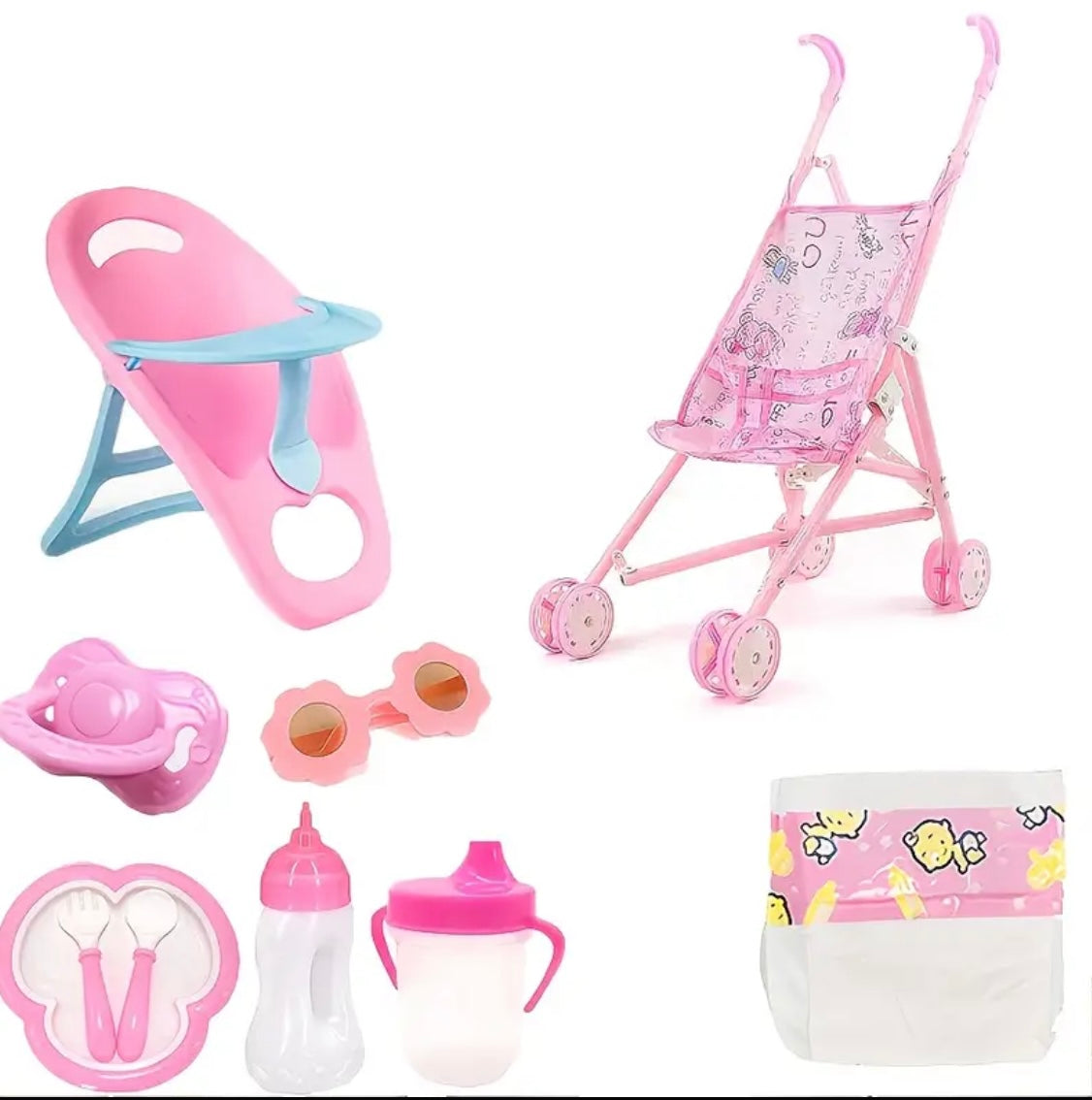 Doll Toy Set of 10, Including Stroller, Baby Doll High Chair with Armrests, Feeding and Care Kit, Diapers, Glasses, Pacifiers, Suitable for Parent-Youngsters Bonding, Party Games, Perfect Holiday Gift Without Doll