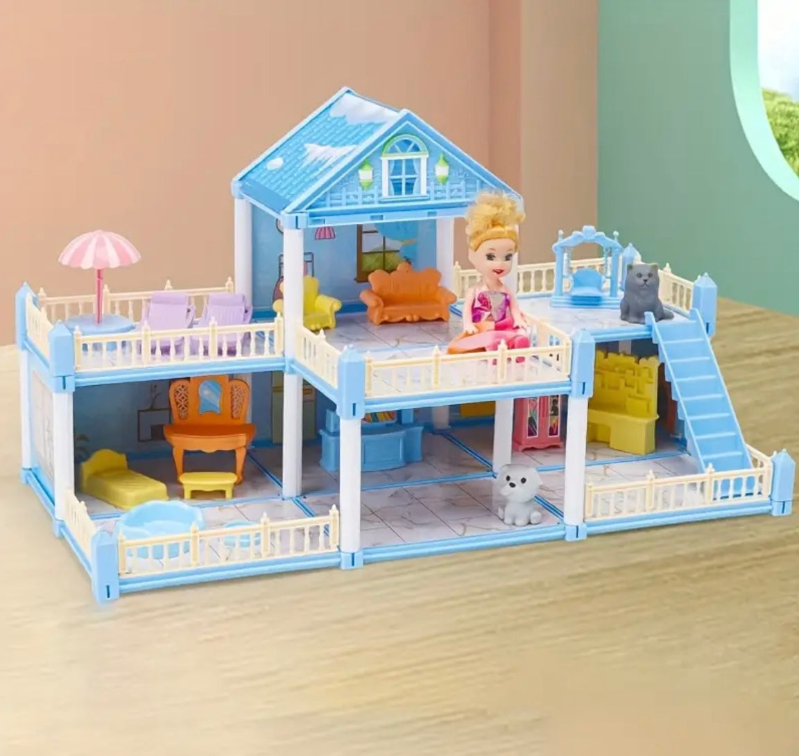 [Dreamy Castle] 3 Floors Dreamy Castle with 9 Rooms, 3 Balconies, Furnished | Suitable for Girls Aged 3 and Above - Perfect Gift, Includes Dolls with Random Colors