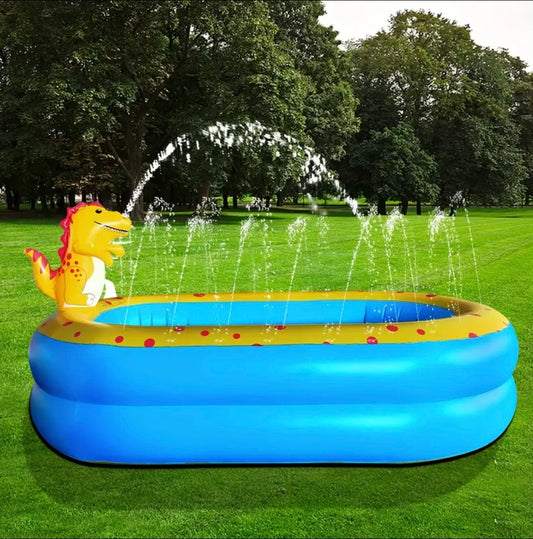 Inflatable Dinosaur Water Splash Pool - Blue & Yellow with Red Dots, Fun Summer Cooling Pad, No Electricity Needed, Perfect for Backyard Parties & Vacation Fun, Inflatable Pool Float