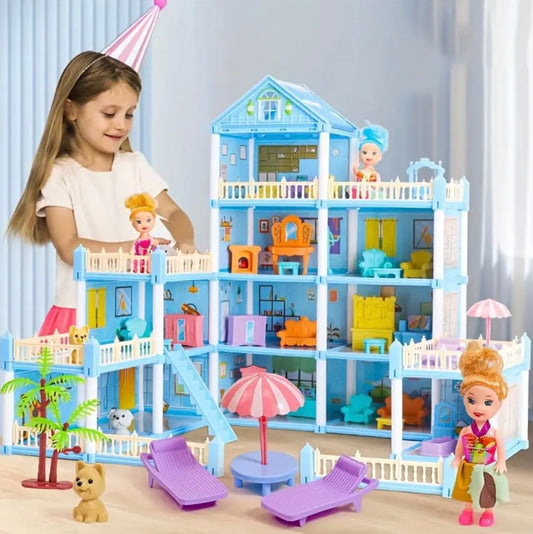 [Dreamy Castle] 3 Floors Dreamy Castle with 9 Rooms, 3 Balconies, Furnished | Suitable for Girls Aged 3 and Above - Perfect Gift, Includes Dolls with Random Colors