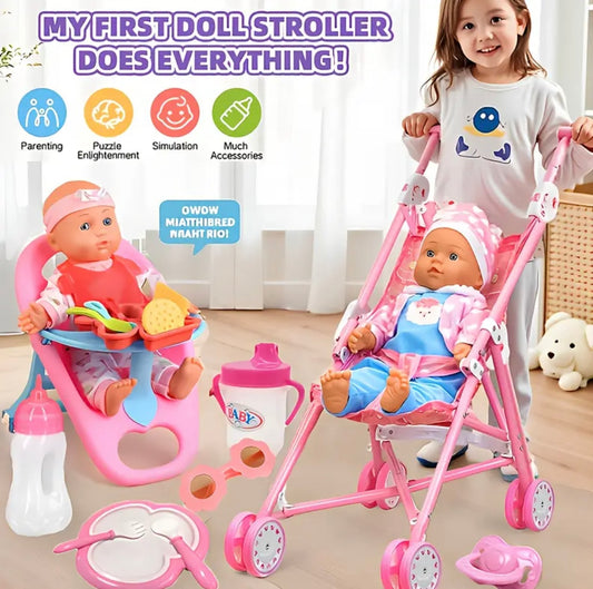 Doll Toy Set of 10, Including Stroller, Baby Doll High Chair with Armrests, Feeding and Care Kit, Diapers, Glasses, Pacifiers, Suitable for Parent-Youngsters Bonding, Party Games, Perfect Holiday Gift Without Doll