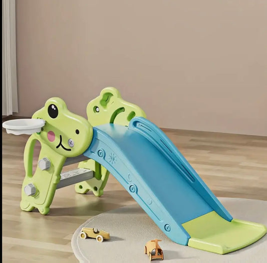 3-in-1 Youngsters Playset with Slide, Climbing Frame, Basketball Hoop & Ball – Blue & Green Frog Design, Indoor/Outdoor Youngsters' Activity Center, Durable PE Material, Youngsters Outdoor Toys