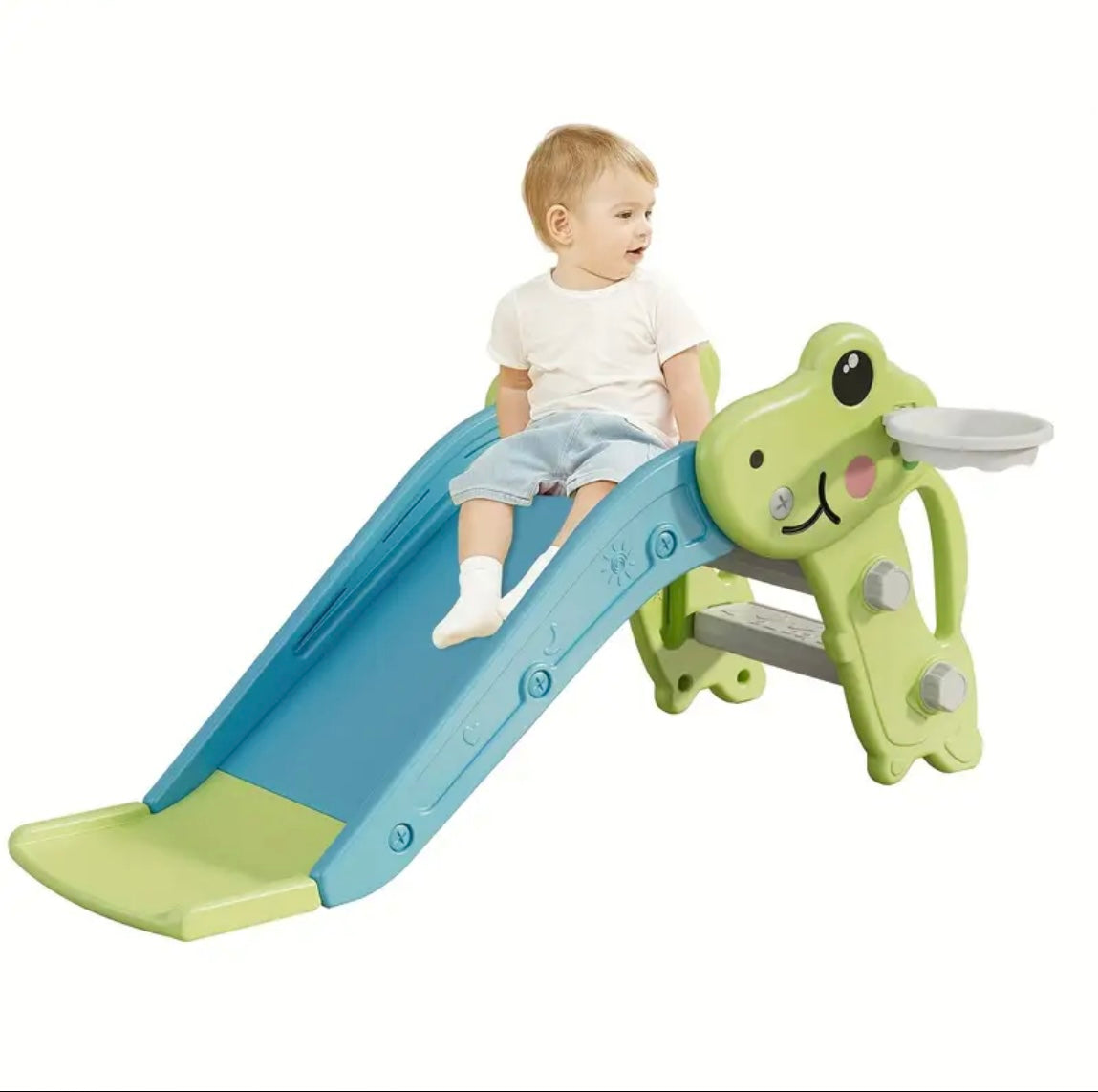 3-in-1 Youngsters Playset with Slide, Climbing Frame, Basketball Hoop & Ball – Blue & Green Frog Design, Indoor/Outdoor Youngsters' Activity Center, Durable PE Material, Youngsters Outdoor Toys