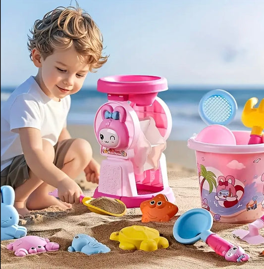 A Set Of 14/5 Pink Youngsters' Cartoon Rabbits, Beach Garbage Trucks, Portable Buckets, Home Water Play, Sand Digging Tools, Shovels Suitable for Summer Beach Gifts, Including Colorful Marine Life Toys